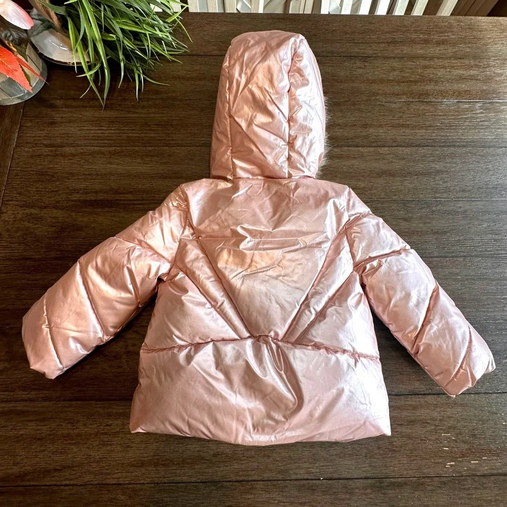 Sam Edelman Girls Pink Metallic Puffer Jacket Faux Fur Hood Size‎ 2T